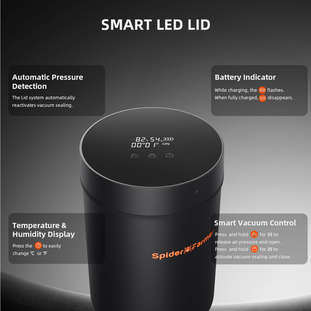Smart Spider Farmer 2L Auto-Cure jar in sleek black with LED display — features automatic pressure detection for optimal curing.
