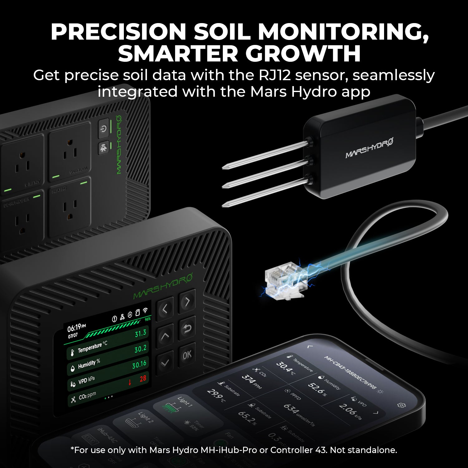 Mars Hydro smart soil parameter sensors set in black with three probes for moisture, temperature and EC value monitoring