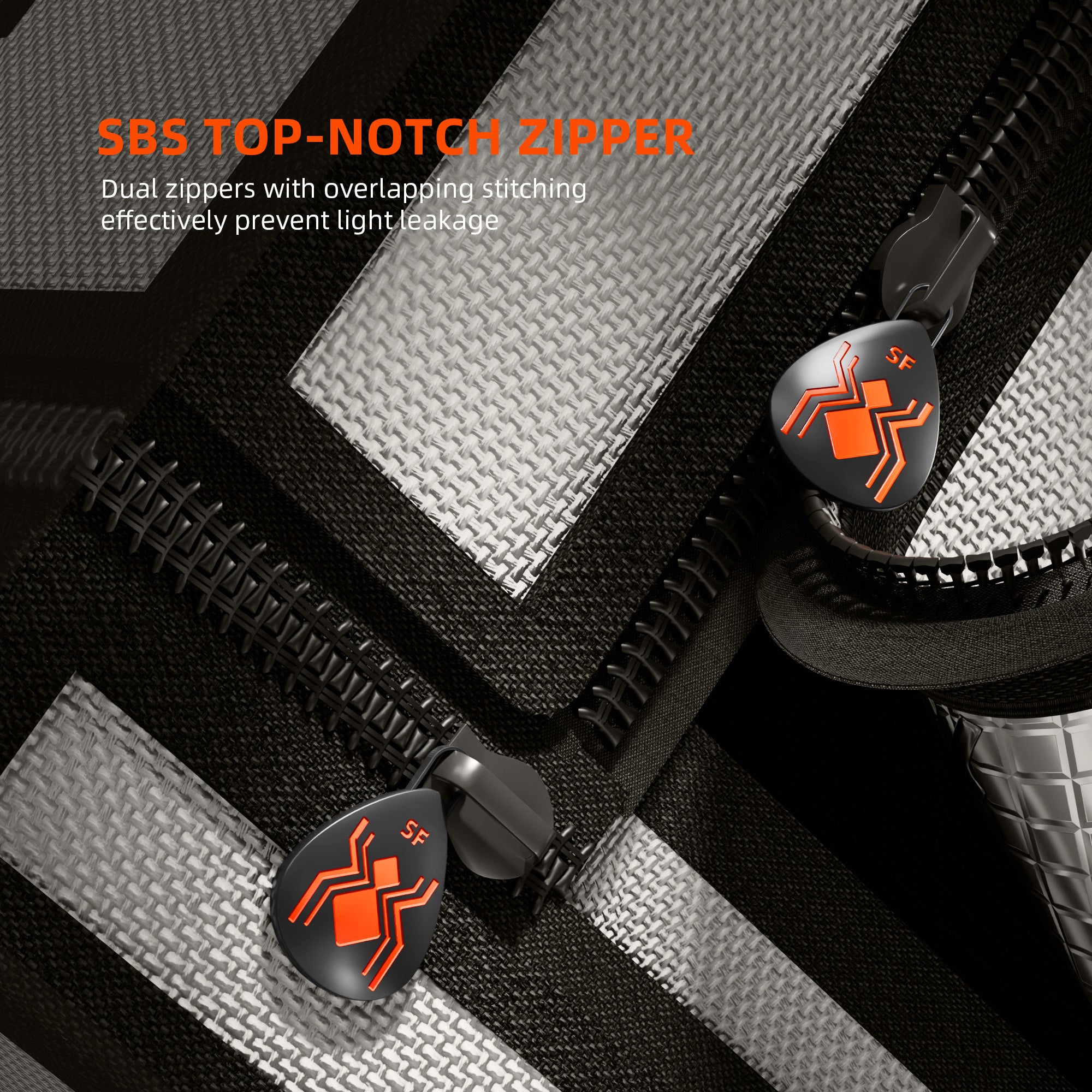 Robuste SBS-Doppelreißverschlüsse am Spider Farmer 60x60 cm Zelt zur Vermeidung von Lichtleckagen an den Nähten.