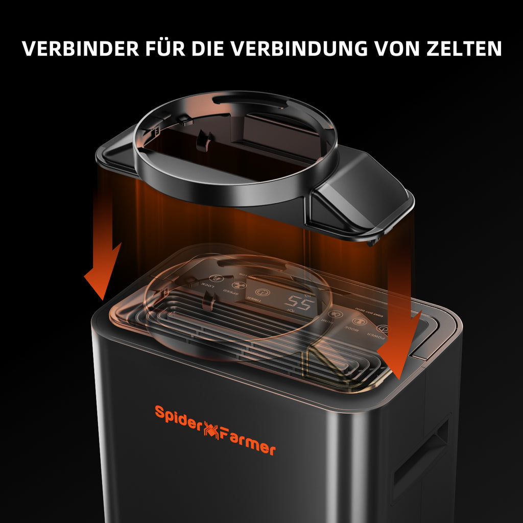 Optimierter Luftauslass für Growzelte (60x60 cm bis 150x150 cm) – Der Spider Farmer Entfeuchter sorgt für ideale Luftzirkulation ohne Hitzestau im Zelt.