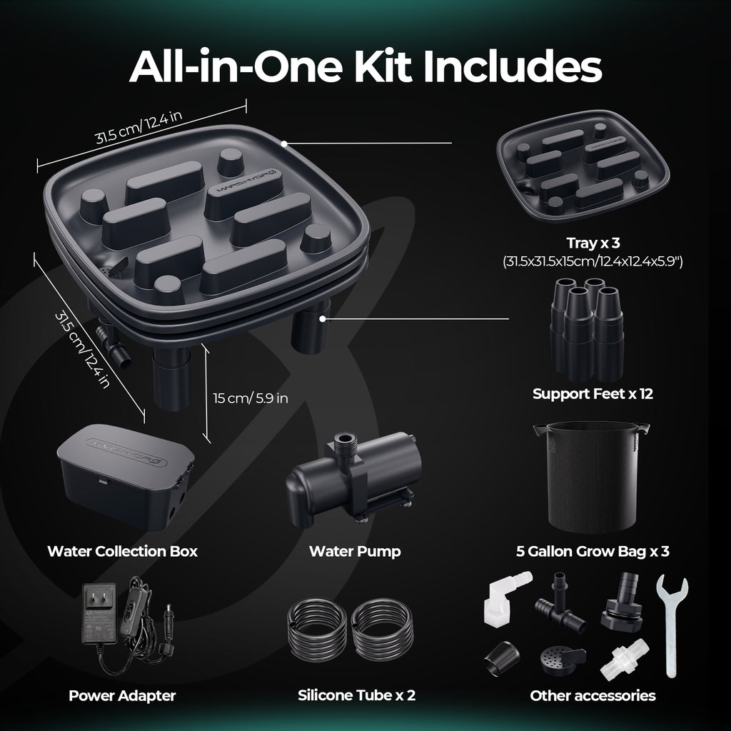 Kompletter Lieferumfang des 3er-Pack Auto-Drainage Systems inklusive Montagezubehör.