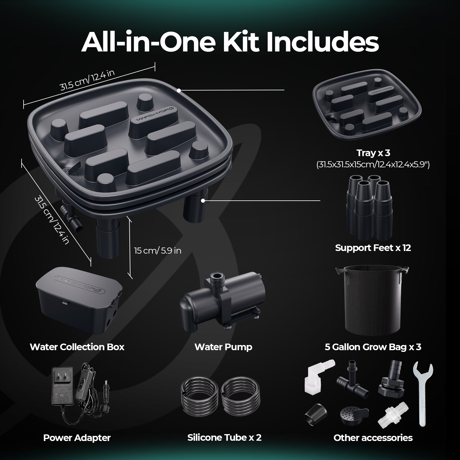 Kompletter Lieferumfang des 3er-Pack Auto-Drainage Systems inklusive Montagezubehör.