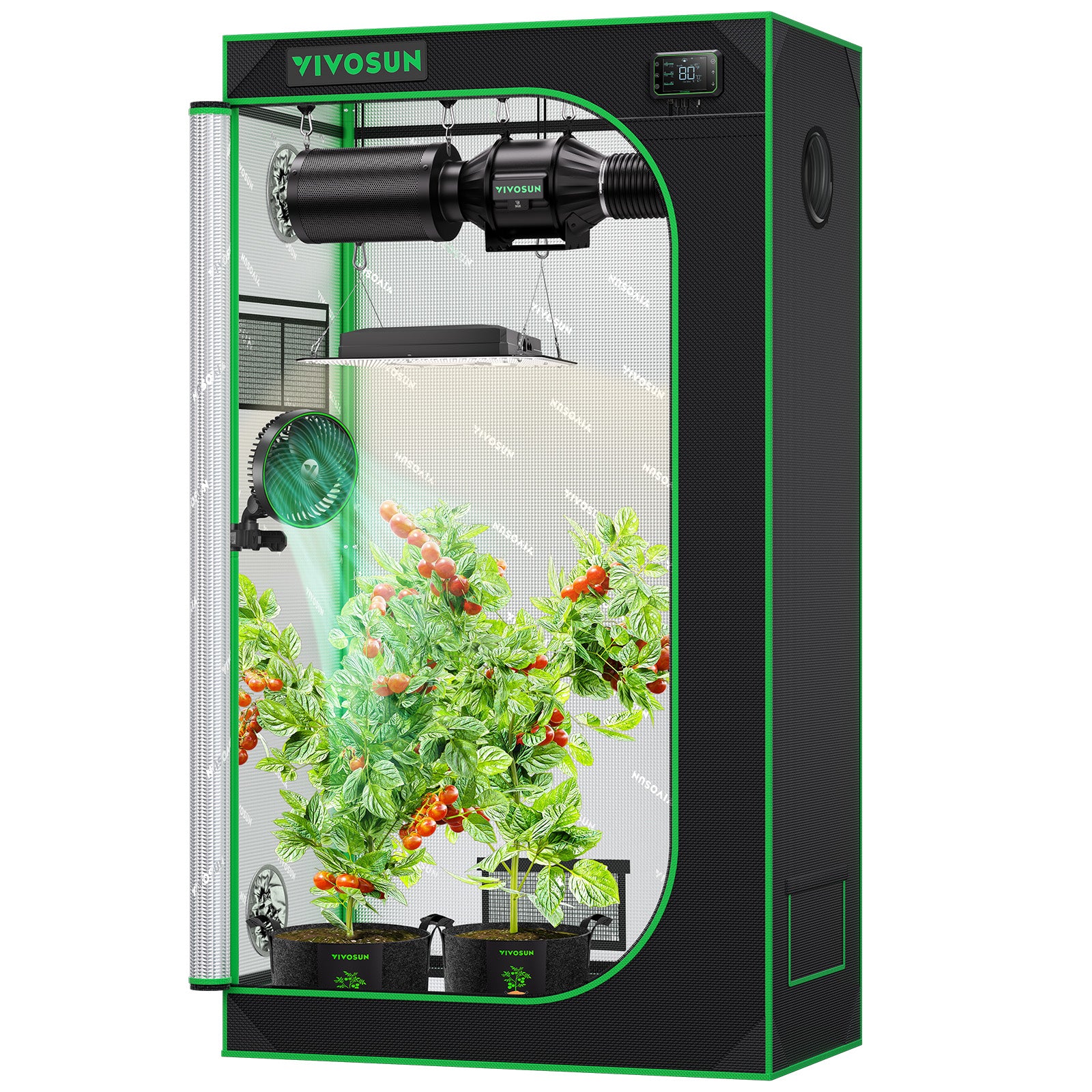Vivosun growbox in black with green trim, 600D Oxford fabric, 90x50x160cm tent