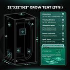 Black indoor grow tent diagram labeled 32 by 32 by 63 inches, showing viewing window, ventilation ports, mesh vents, and