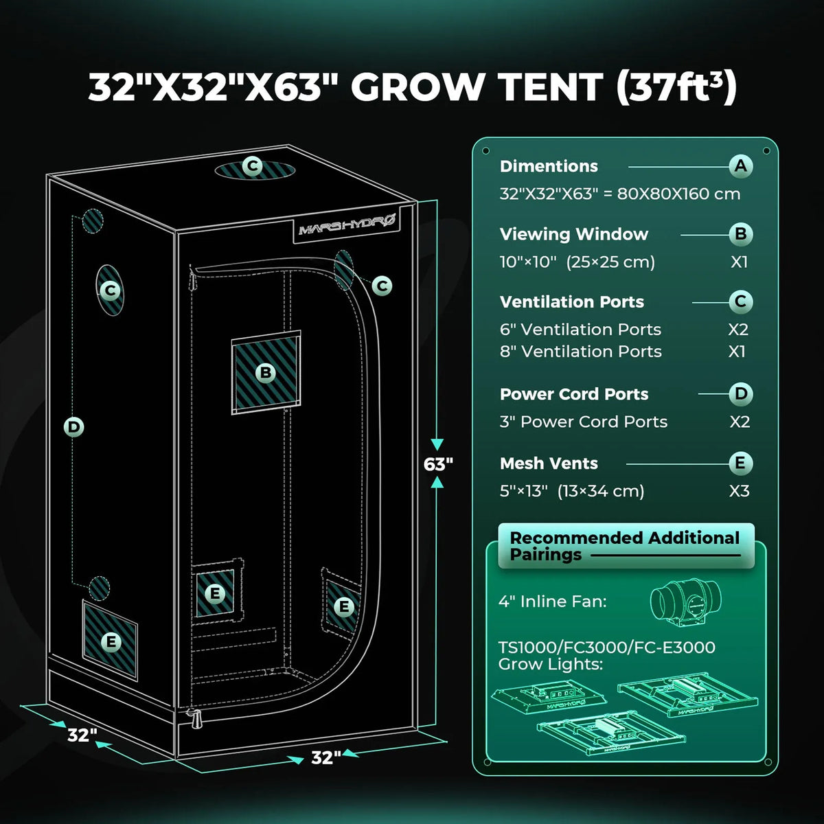 Black indoor grow tent diagram labeled 32 by 32 by 63 inches, showing viewing window, ventilation ports, mesh vents, and