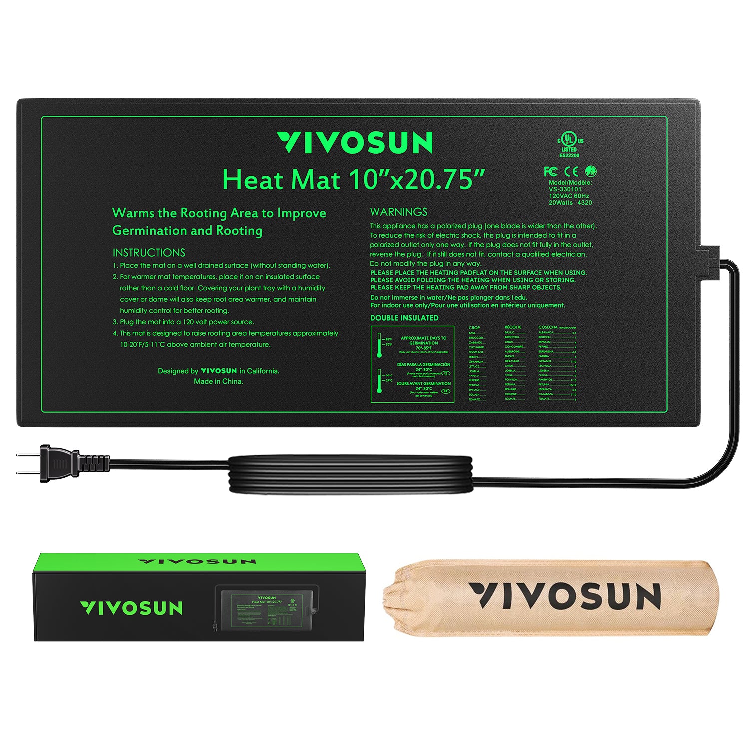 Vivosun seedling heat mat in black, 25x53 cm