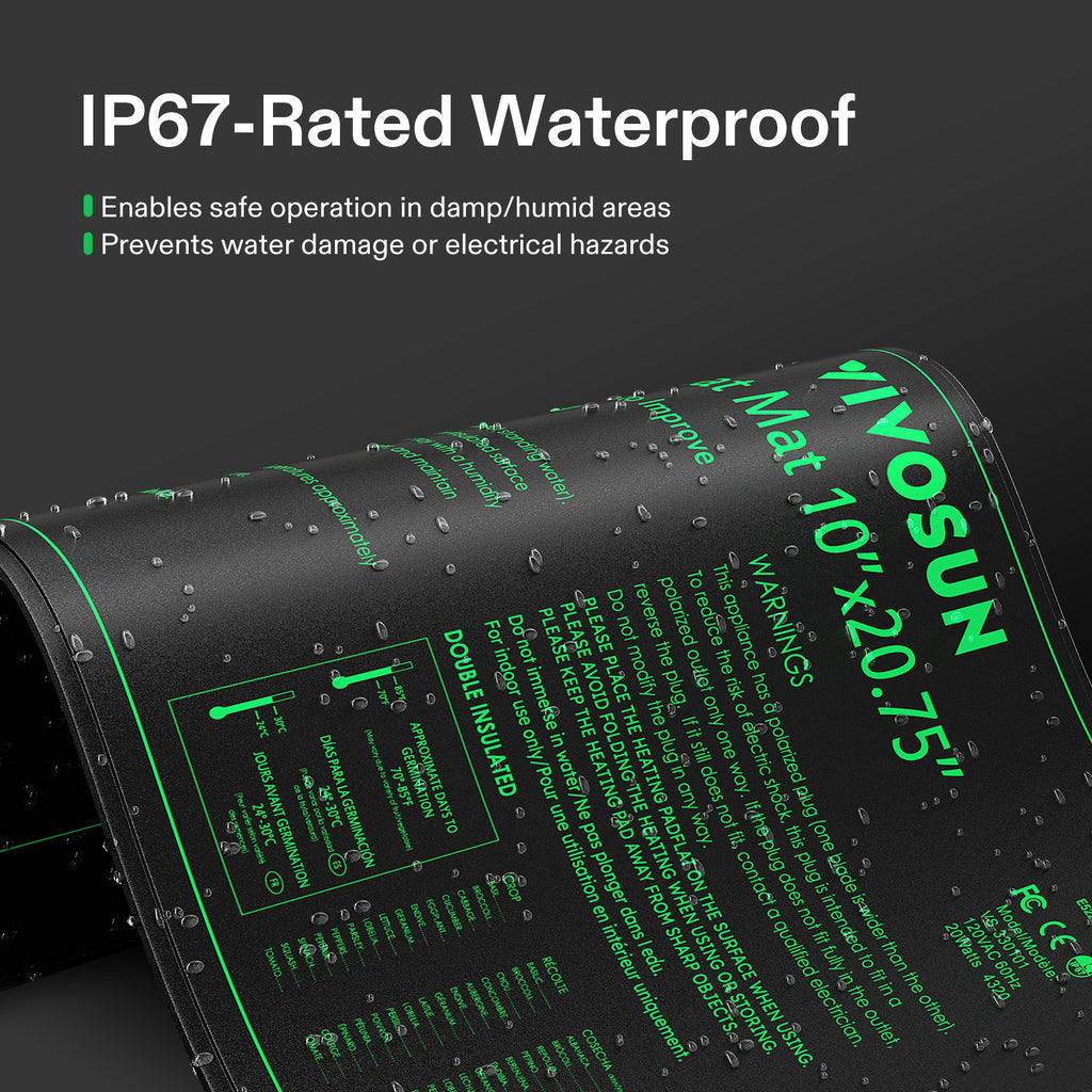 Seedling heating mat Vivosun black with green print, waterproof IP67, 25x53 cm