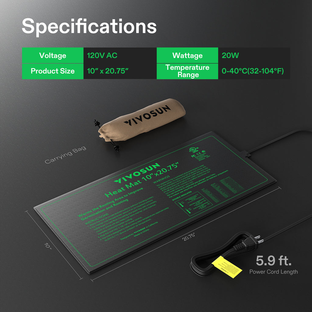 Vivosun black seed-starting heat mat, 10 x 20.75 in, 20W heating power