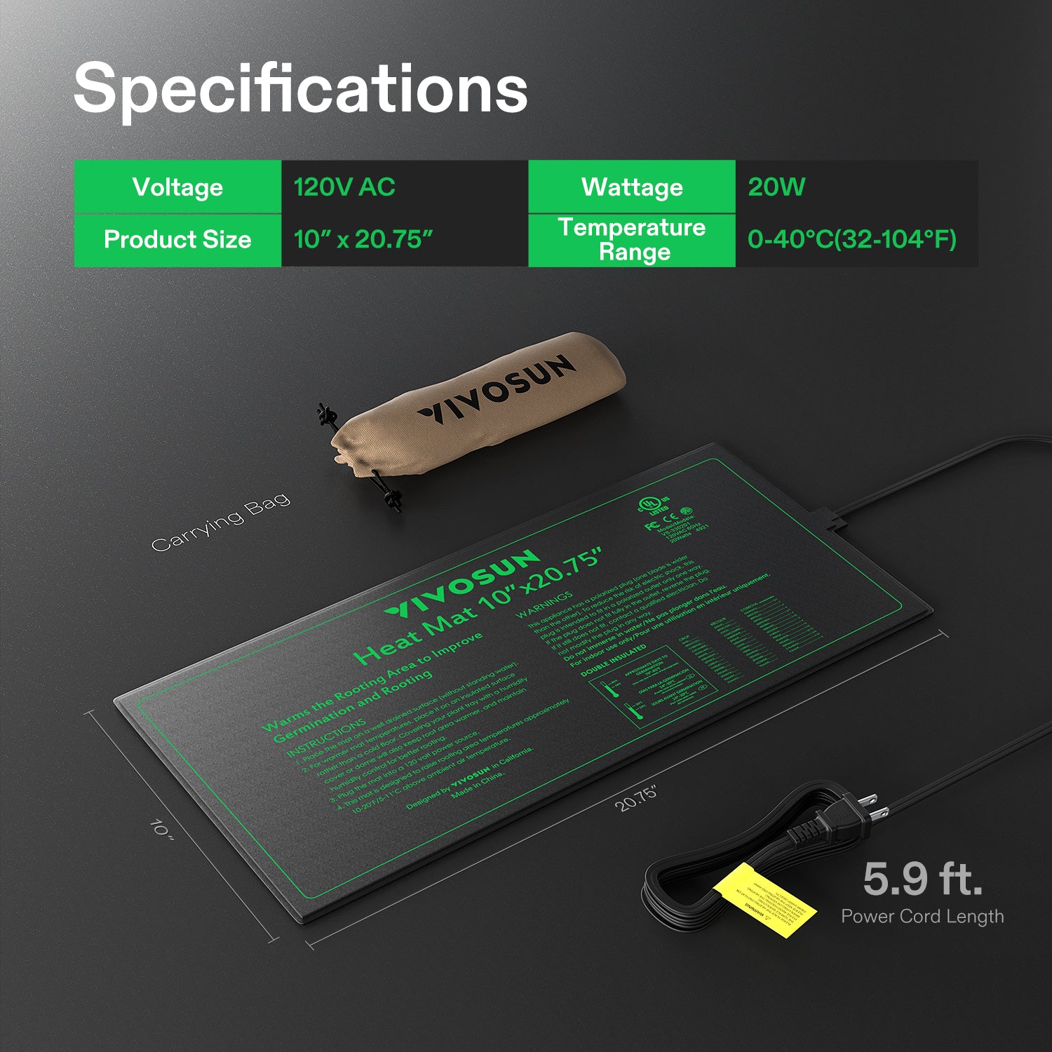 Vivosun black seed-starting heat mat, 10 x 20.75 in, 20W heating power