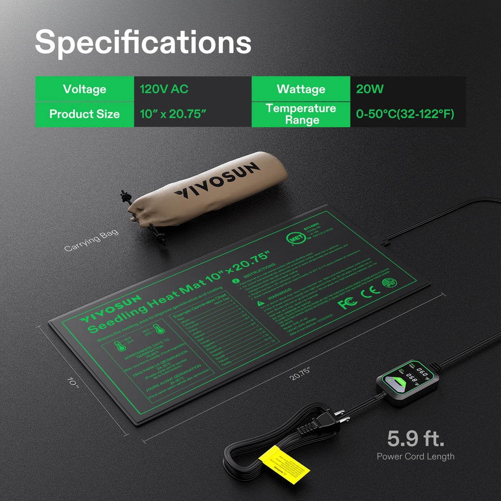 Vivosun black heating mat with digital dual-display thermostat, 25x53 cm
