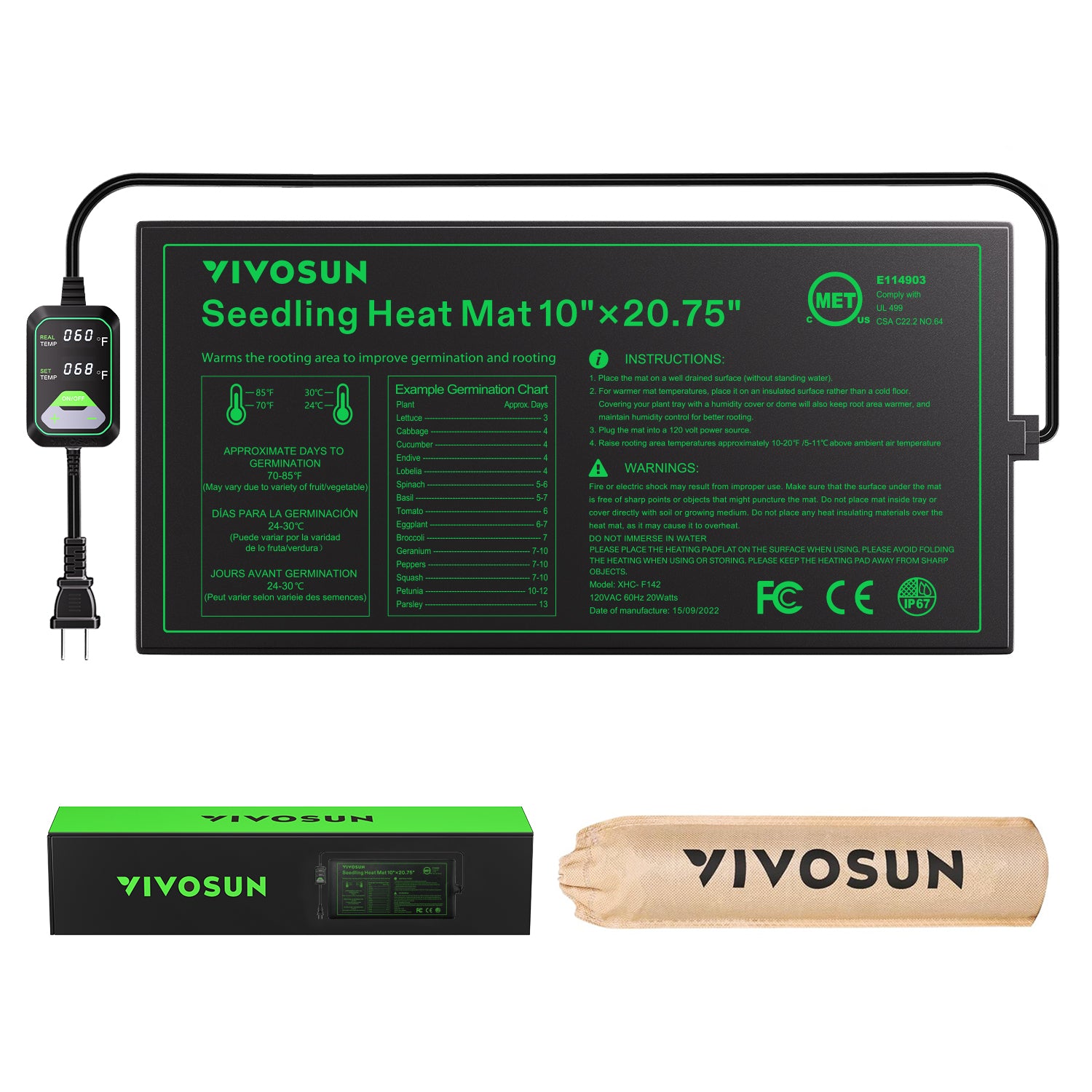Black Vivosun seedling heat mat with digital dual-display thermostat, 25x53 cm