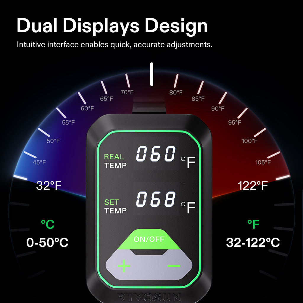Black Vivosun heating mat with digital dual-display thermostat, 25x53 cm