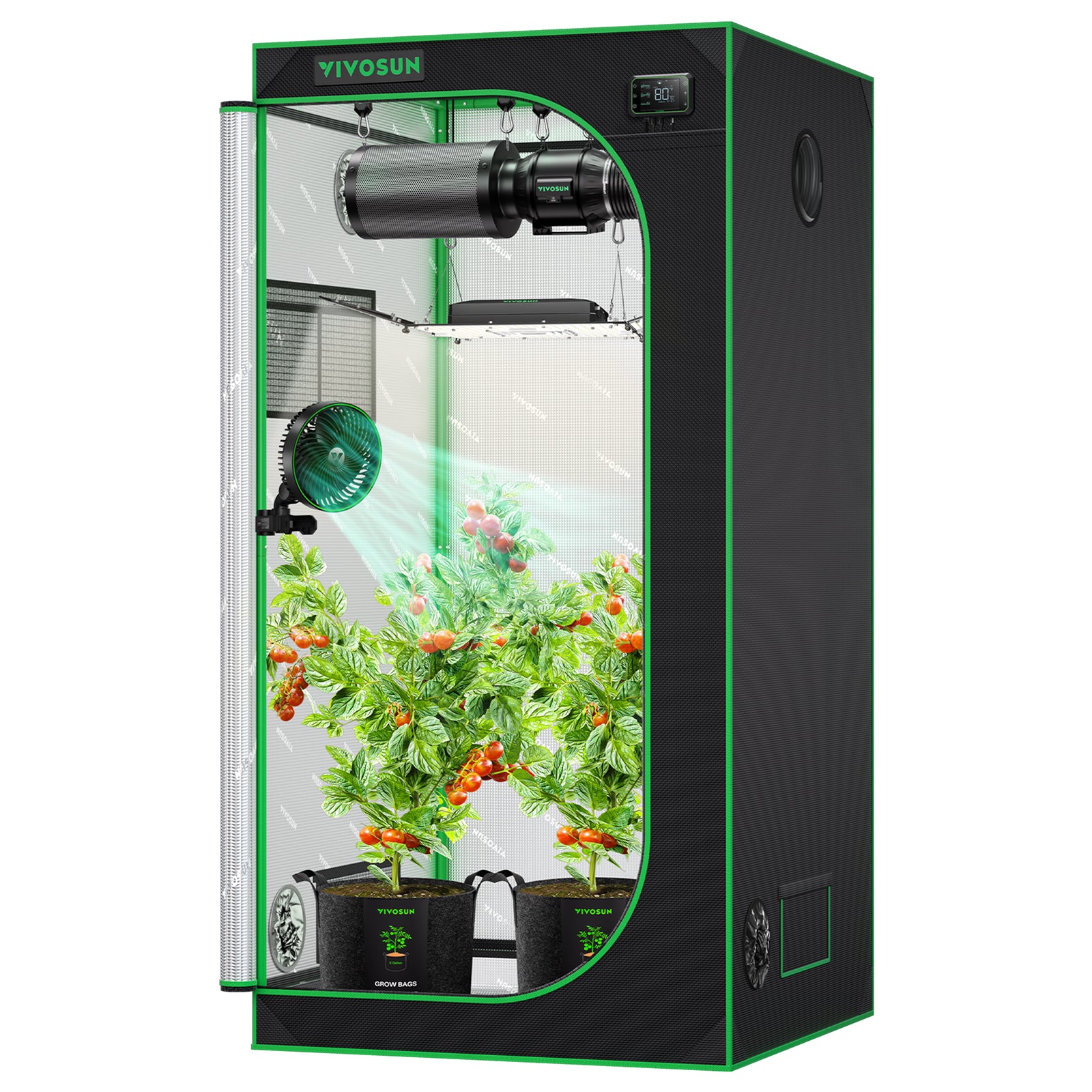 Vivosun grow tent 600D Oxford in black with green frame, 90x90x180cm size