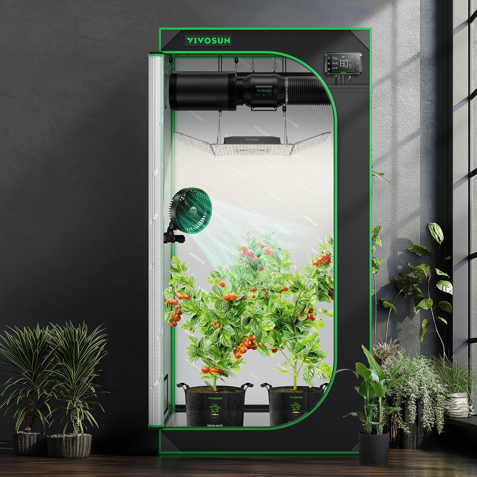 Vivosun 600D Oxford grow tent with green-trim black frame, 90x90x180cm size