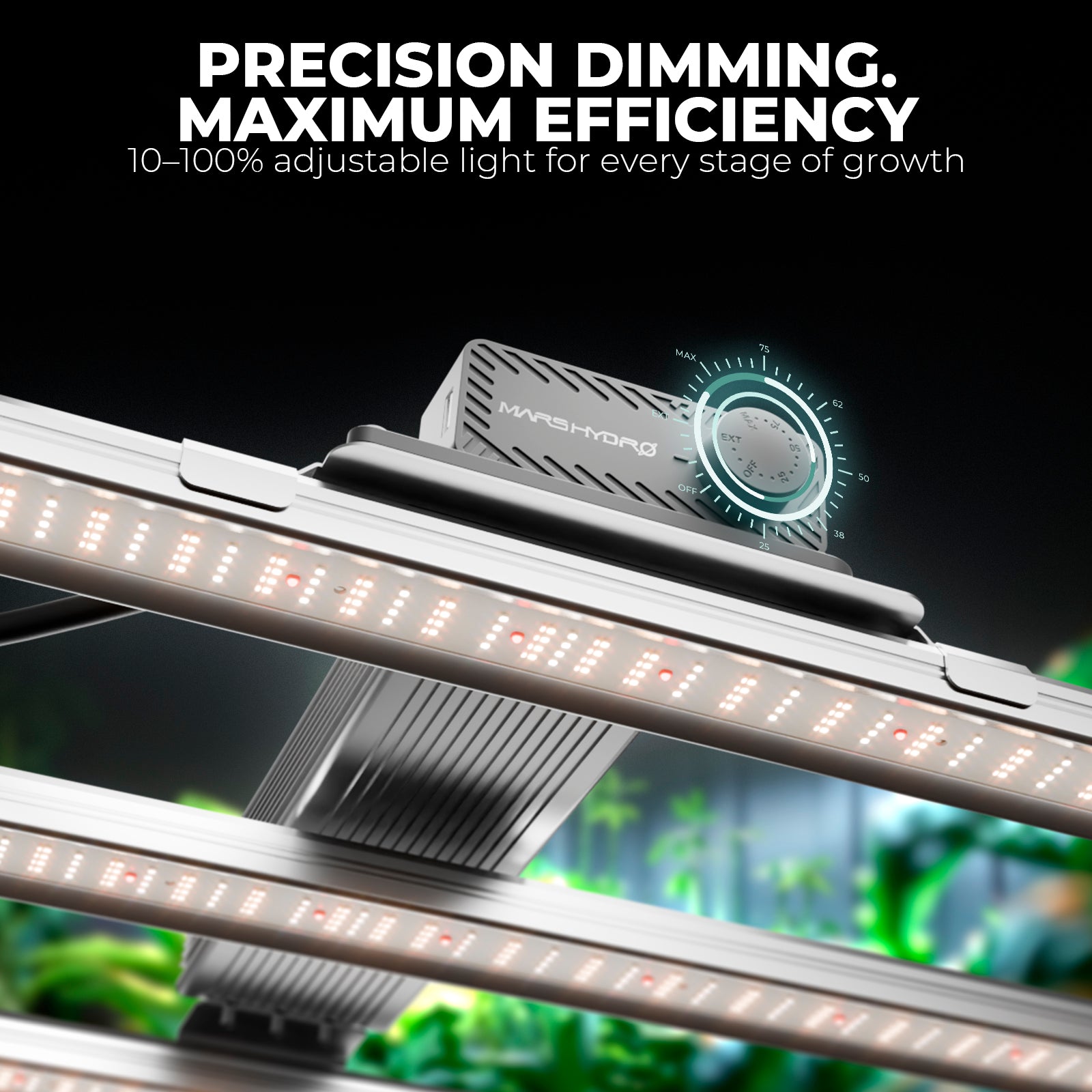 Mars Hydro FC4000 smart LED grow light with adjustable precision dimming dial and visible LED strips in a grow tent