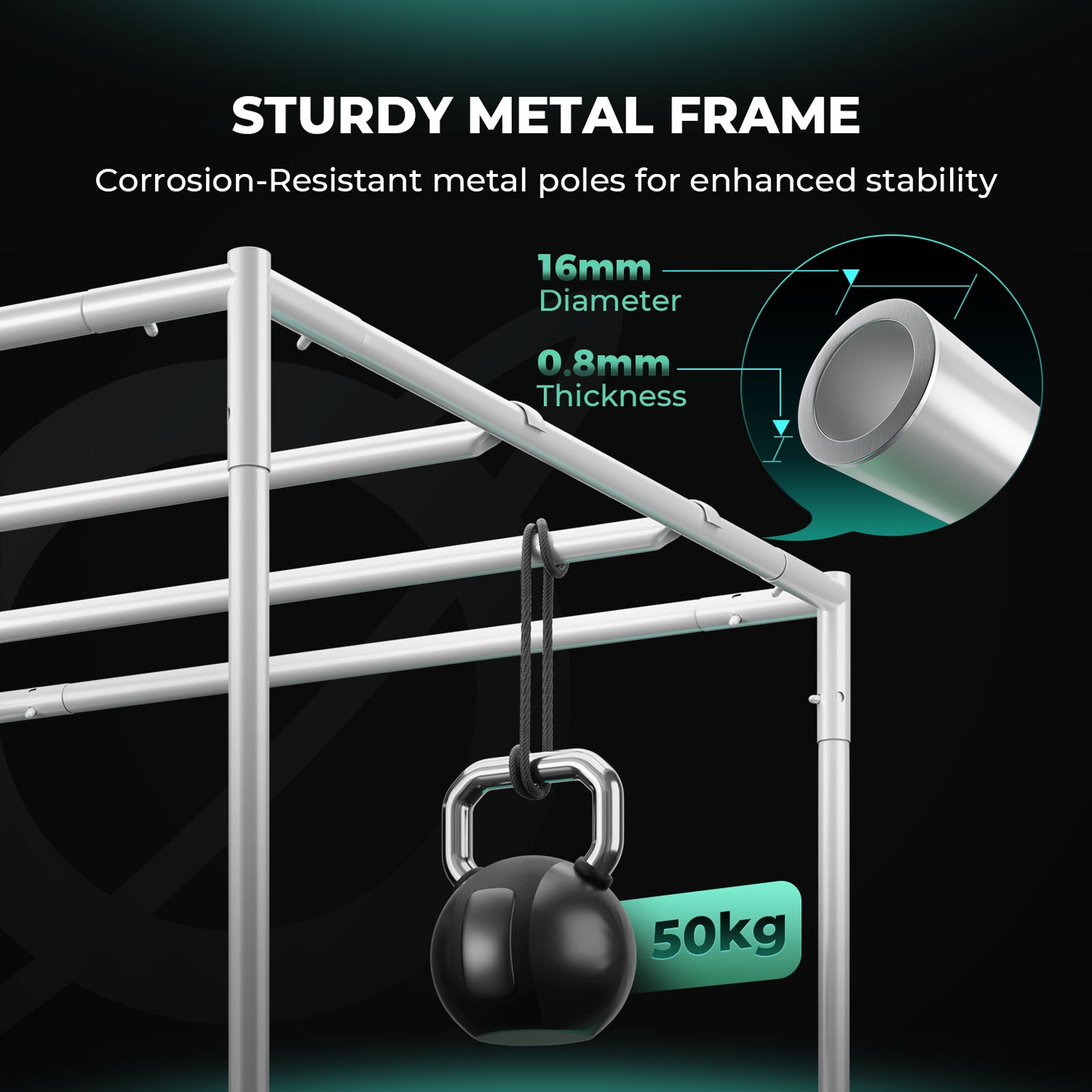 Mars Hydro grow tent smart kit with sturdy metal frame, corrosion resistant poles and 16 mm diameter for stability