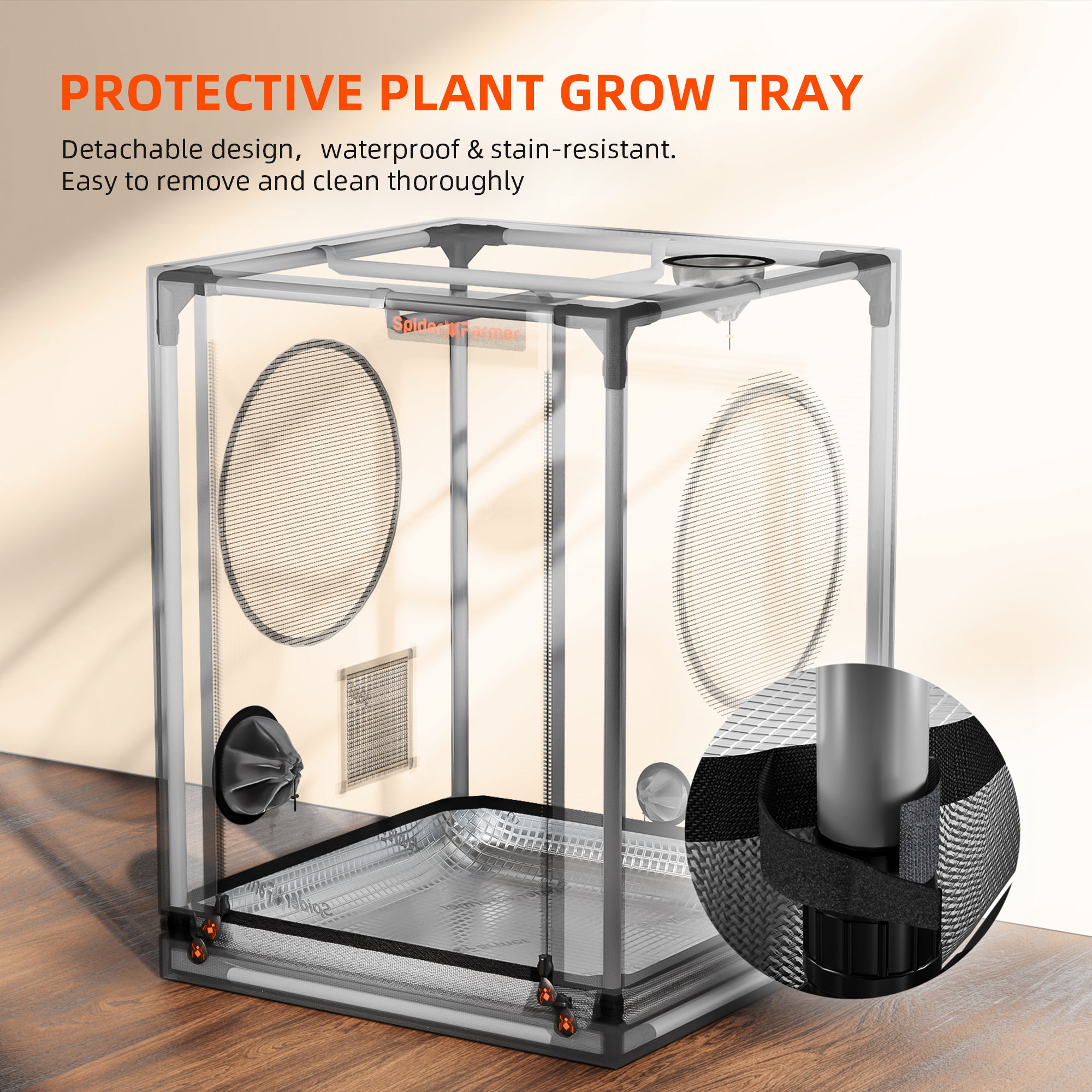 Herausnehmbare, wasserdichte Bodenwanne des Spider Farmer 60x60x80 cm Modells für maximale Hygiene und einfache Reinigung.