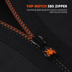 Close-up of a black zipper with orange teeth and a black slider featuring an orange geometric pull design