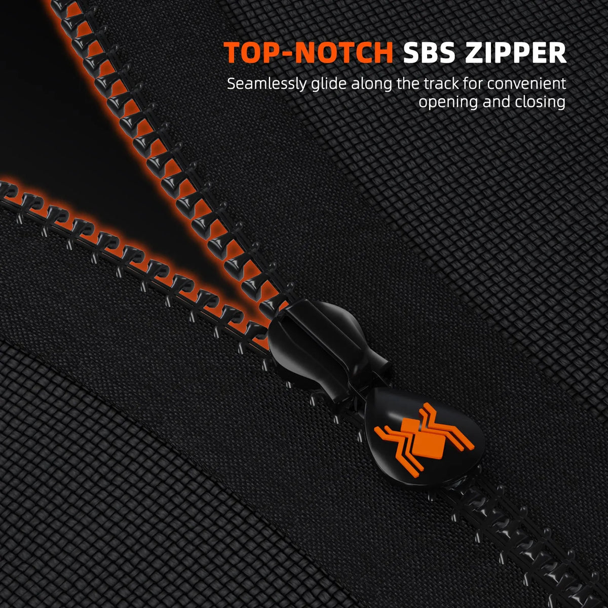 Close-up of a black zipper with orange teeth and a black slider featuring an orange geometric pull design