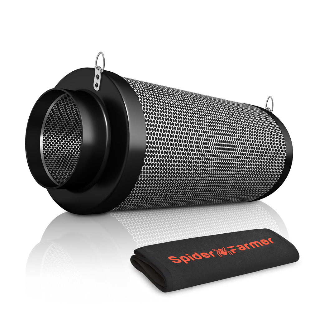 Spider Farmer 100mm activated carbon filter featuring a sleek black mesh design — efficient airflow of 348 m³/h for ventilation.