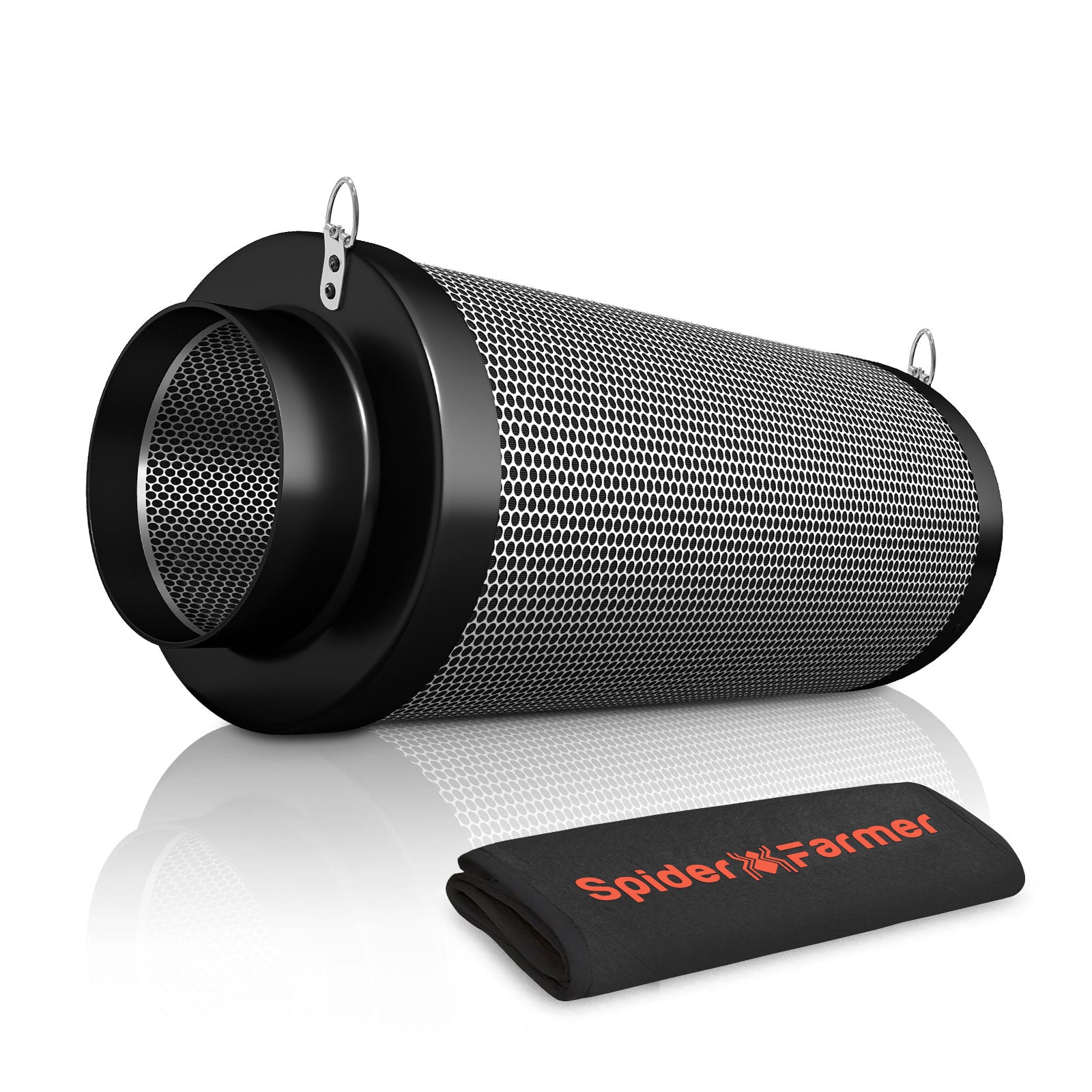 Spider Farmer 100mm activated carbon filter featuring a sleek black mesh design — efficient airflow of 348 m³/h for ventilation.