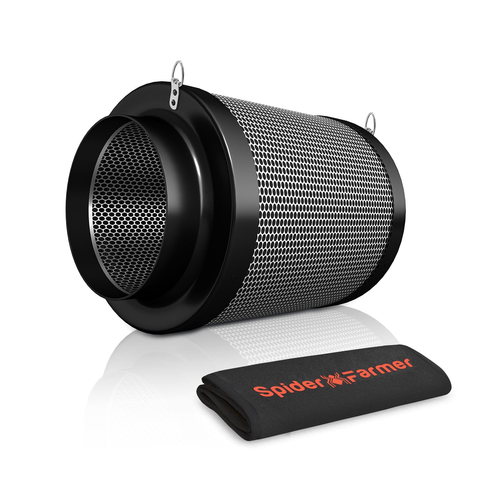 Spider Farmer 150mm activated carbon filter designed for efficient airflow with a sleek black mesh finish and durable build