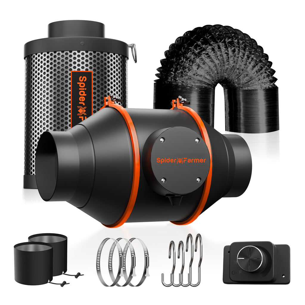 Spider Farmer 100mm ventilation system with a speed controller and activated carbon filter — efficient airflow design for optimal performance