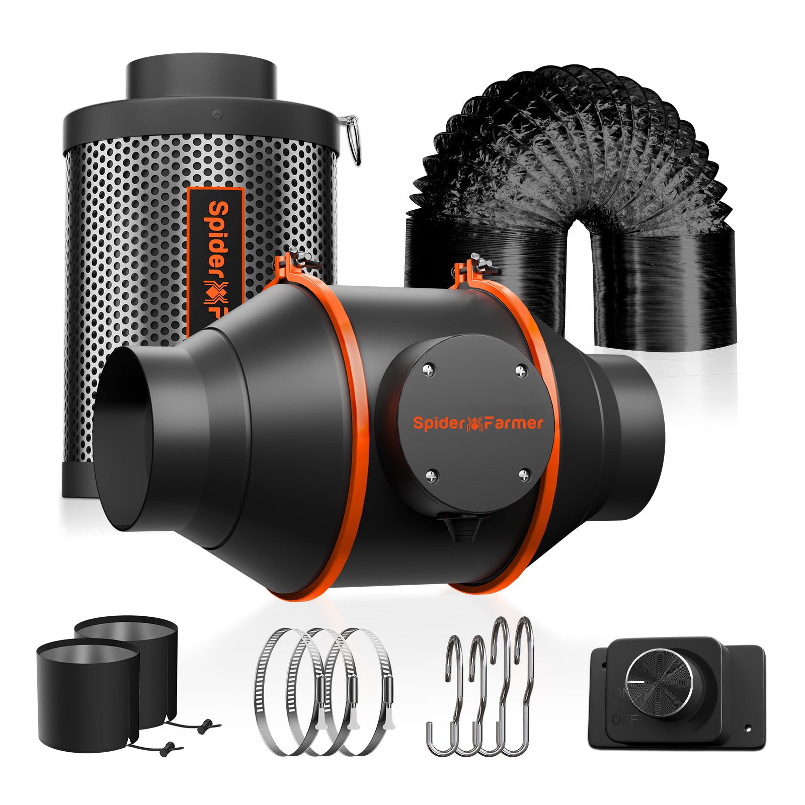 Spider Farmer 100mm ventilation system with a speed controller and activated carbon filter — efficient airflow design for optimal performance