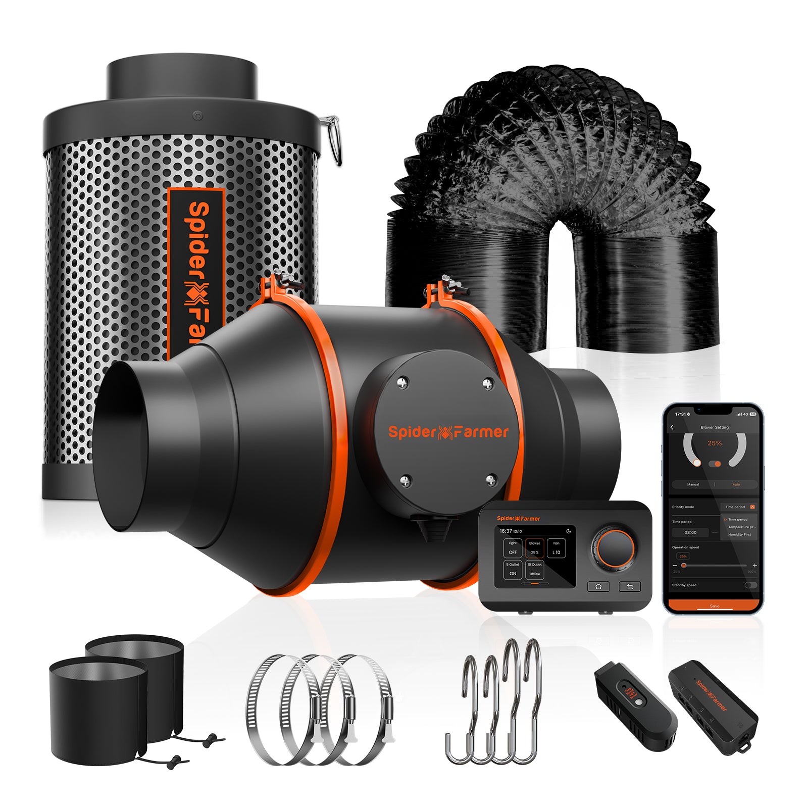 Spider Farmer 100mm exhaust set with a powerful 348 m³/h fan — includes GGS controller and active carbon filter for optimal airflow