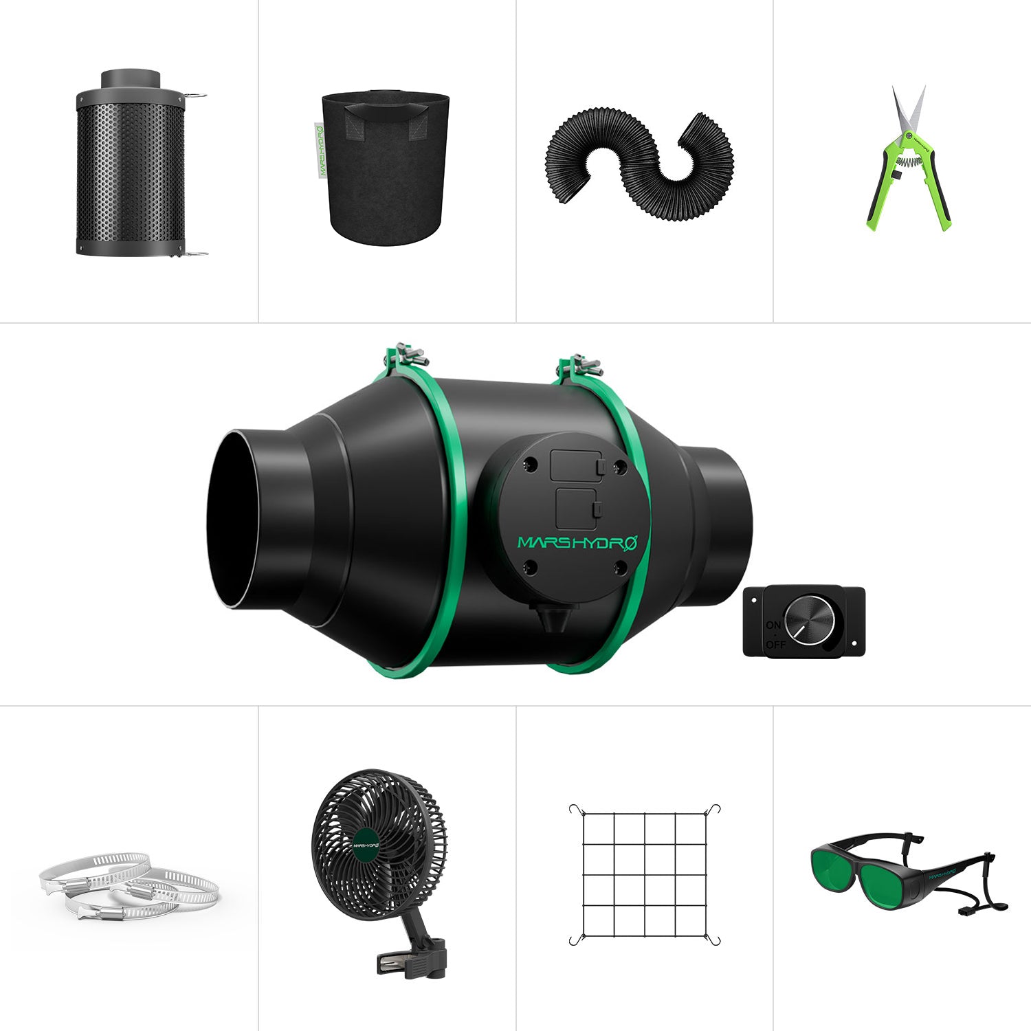 Mars Hydro 150mm ventilation system in sleek black with green accents — includes fan and accessories for easy setup.