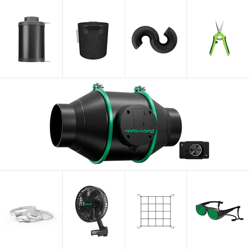 Mars Hydro 150mm ventilation system in sleek black with green accents — includes fan and accessories for easy setup.