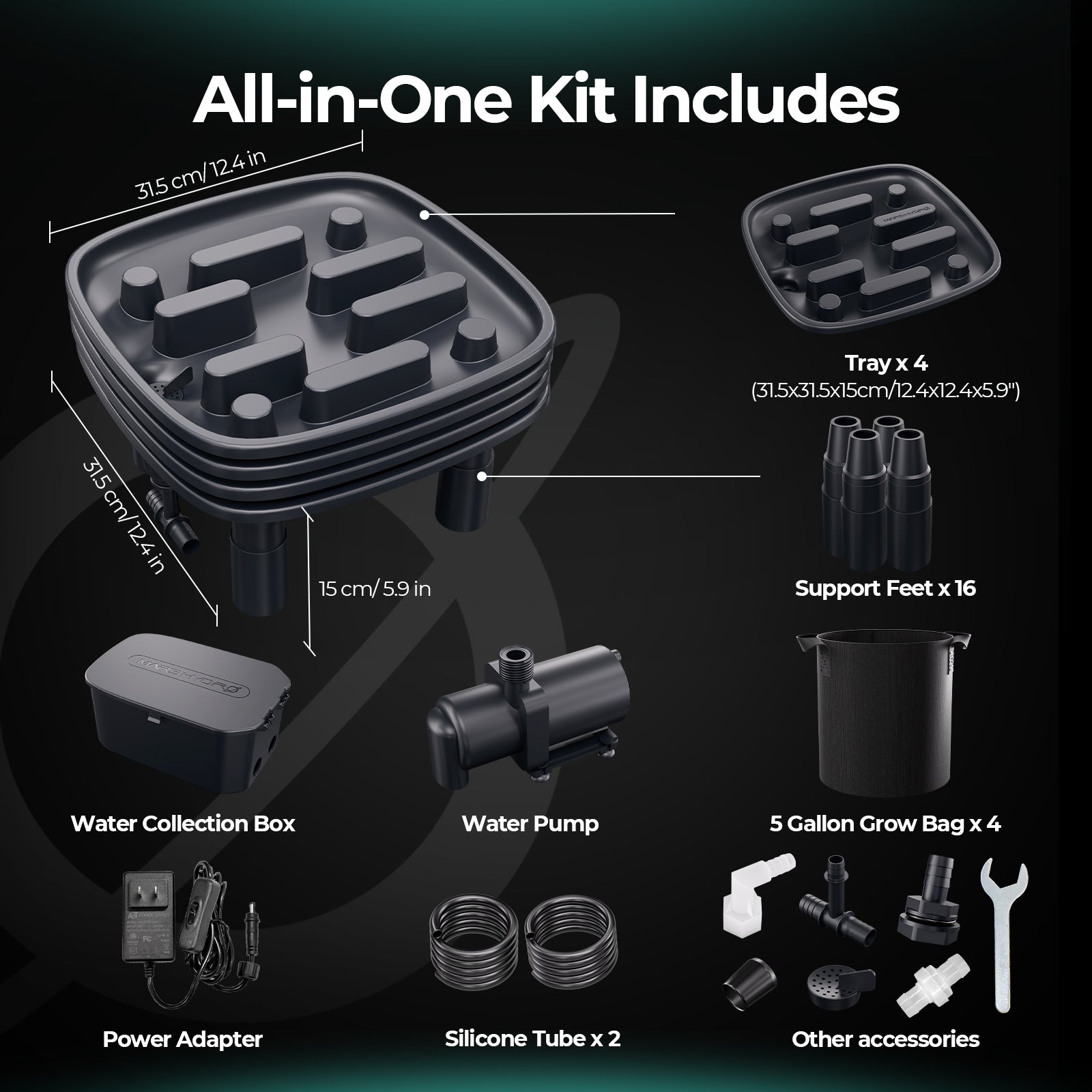 Kompletter Lieferumfang des 4er-Pack Auto-Drainage Systems inklusive aller Zubehörteile.