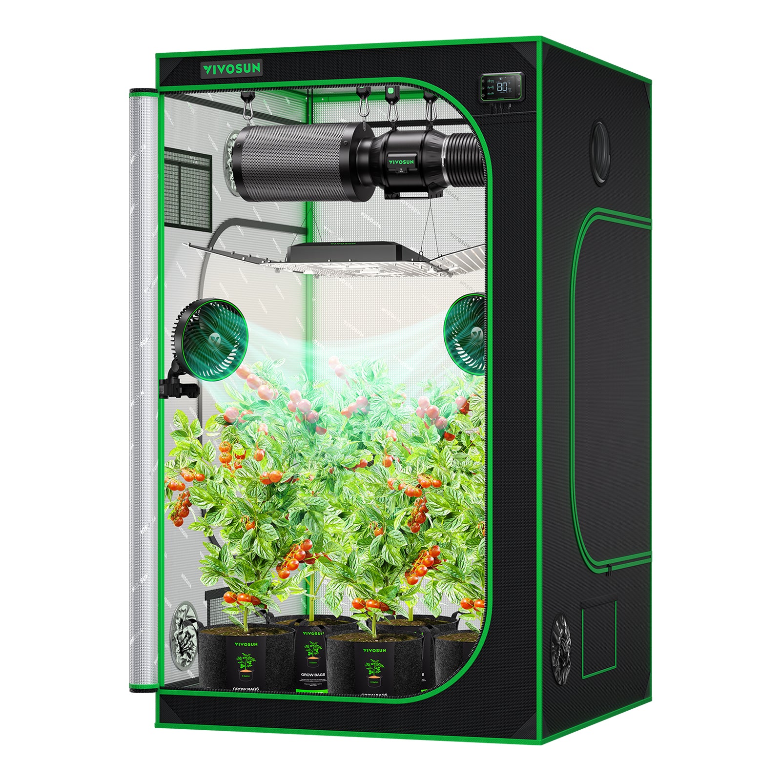 Vivosun 600D Oxford grow tent in black with green frame, 120x120x200cm