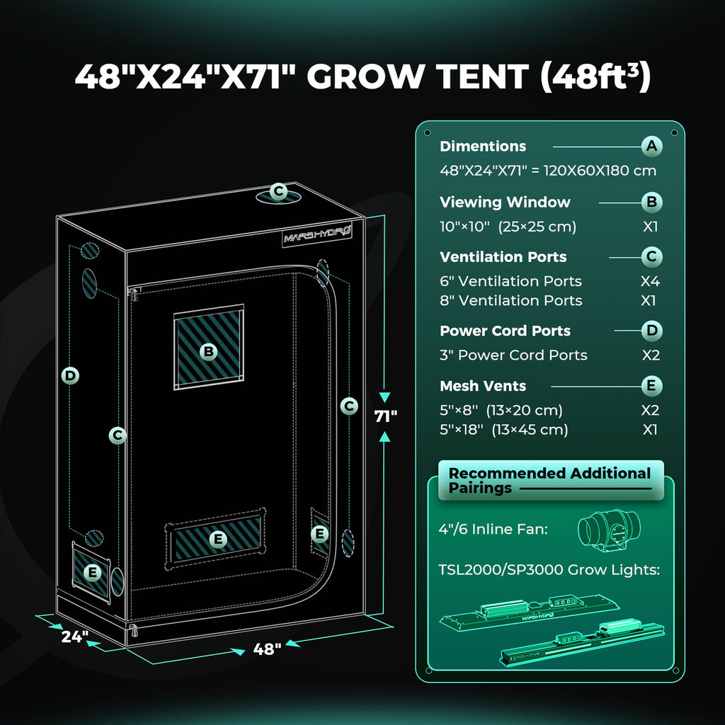 Mars Hydro grow tent setup diagram with black 1680D Oxford fabric, 120 x 60 x 180 cm size and ventilation ports