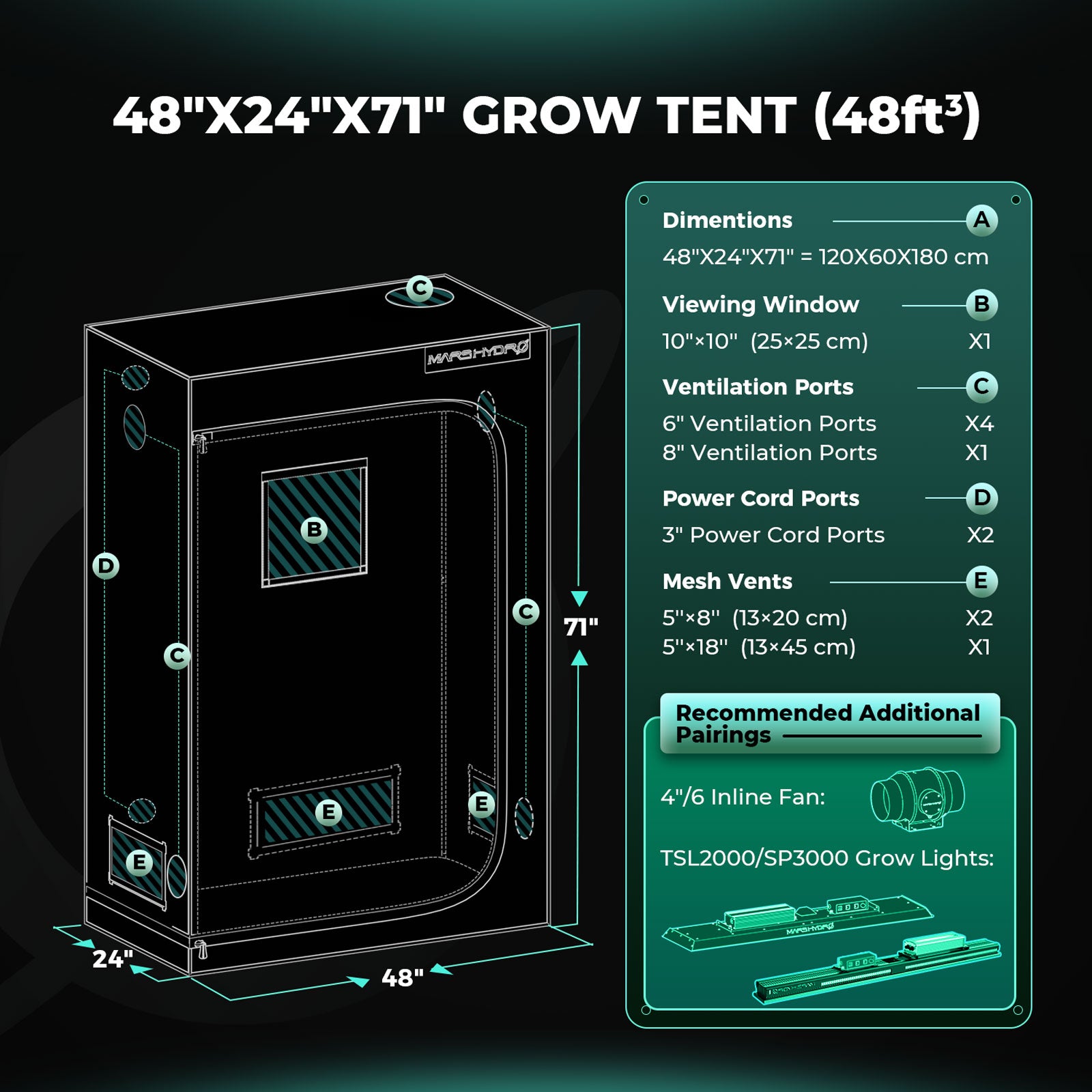 Mars Hydro grow tent setup diagram with black 1680D Oxford fabric, 120 x 60 x 180 cm size and ventilation ports