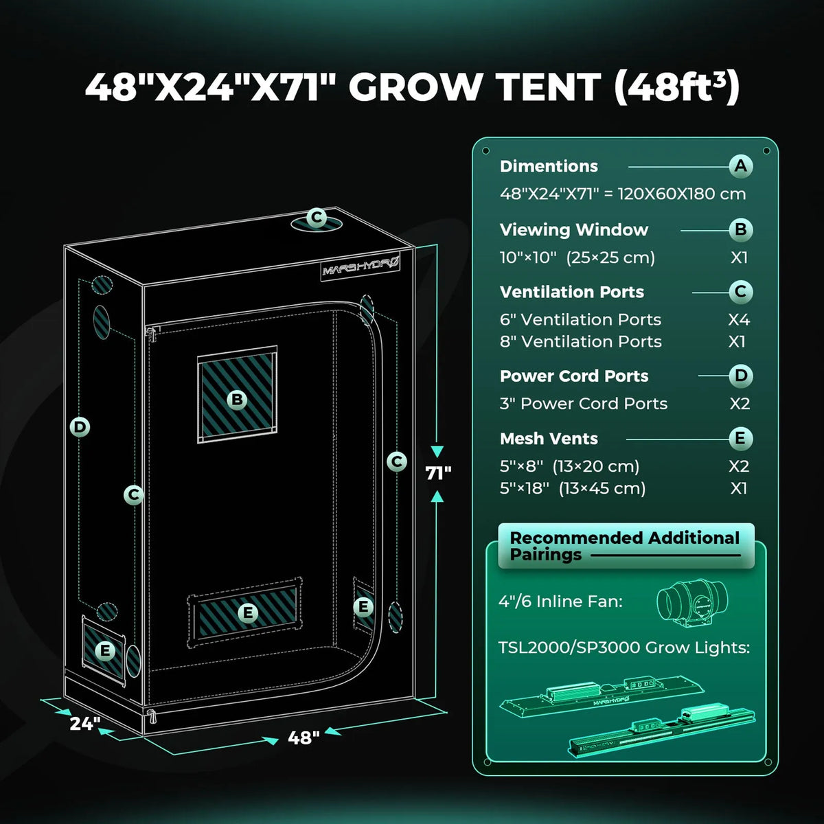 Mars Hydro grow tent setup diagram with black 1680D Oxford fabric, 120 x 60 x 180 cm size and ventilation ports