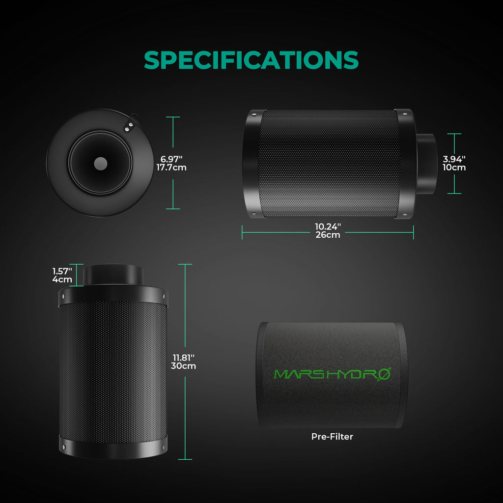 Kompakte Abmessungen des Mars Hydro 100mm Filters für platzsparende Installationen.