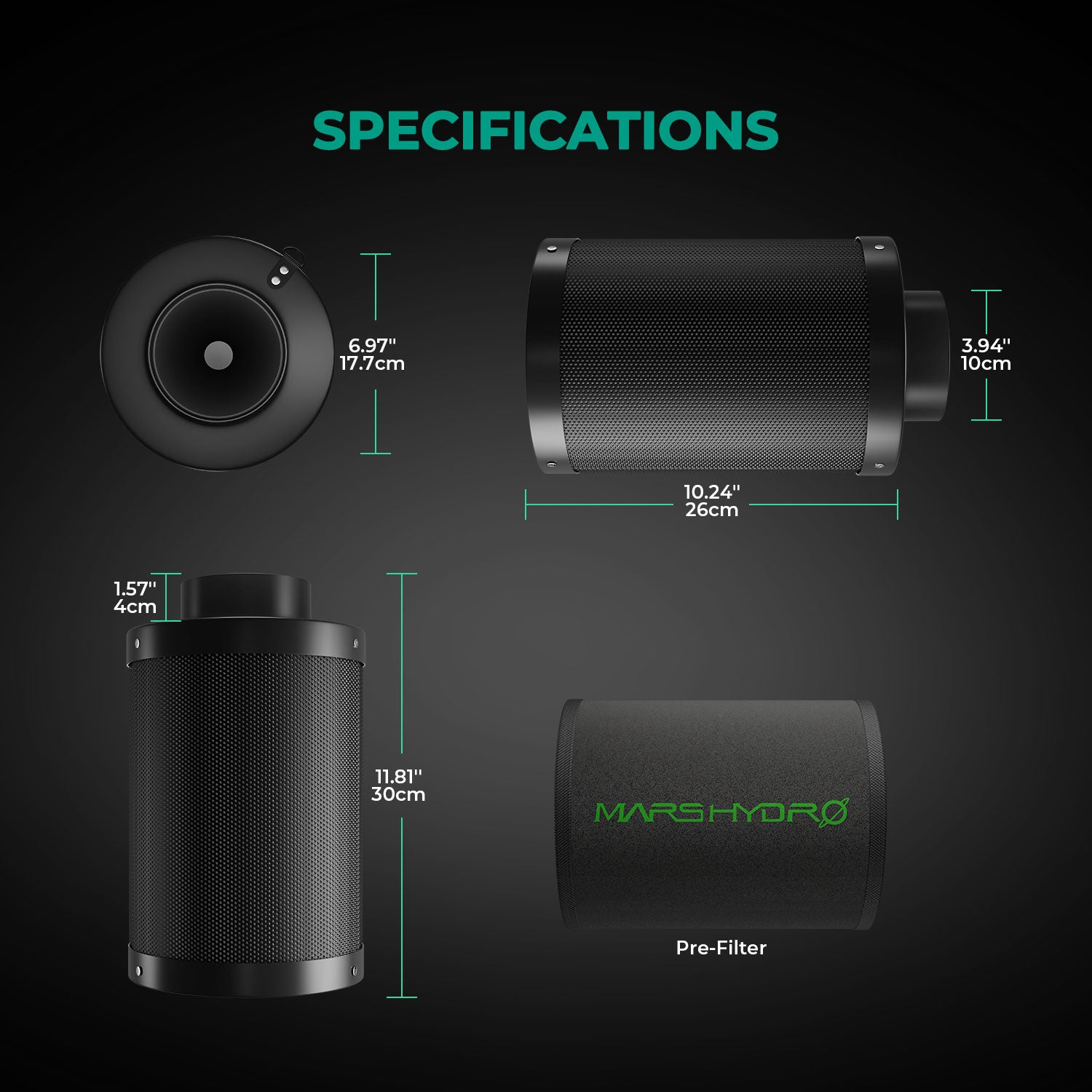 Kompakte Abmessungen des Mars Hydro 100mm Filters für platzsparende Installationen.