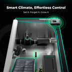 Indoor grow tent with ventilation fan, LED lighting, climate controller, and smartphone interface shown in a cutaway view