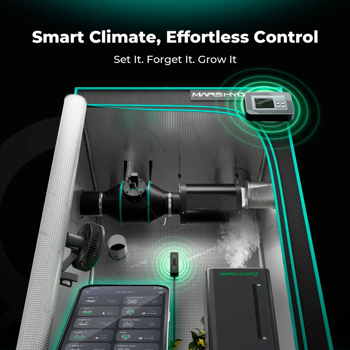 Indoor grow tent with ventilation fan, LED lighting, climate controller, and smartphone interface shown in a cutaway view