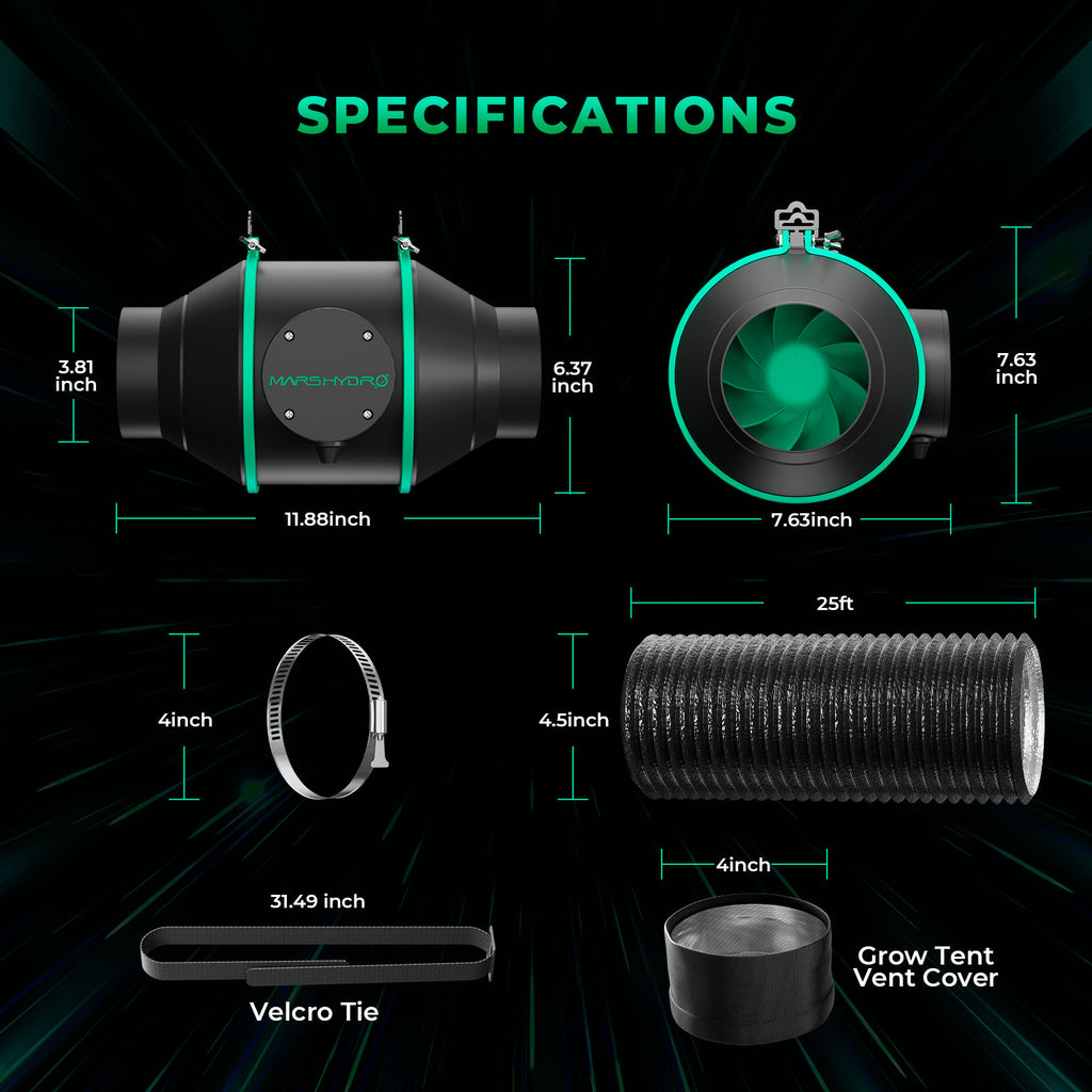 Mars Hydro TS1000-B smart grow tent kit with 4 inch ventilation system, showing inline duct and fan dimensions on dark graphic