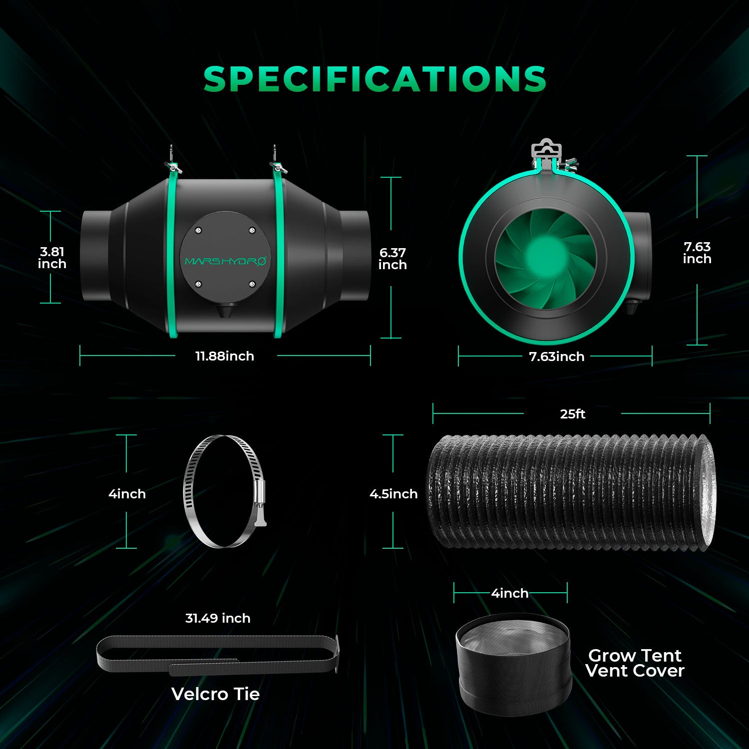 Mars Hydro TS1000-B smart grow tent kit with 4 inch ventilation system, showing inline duct and fan dimensions on dark graphic