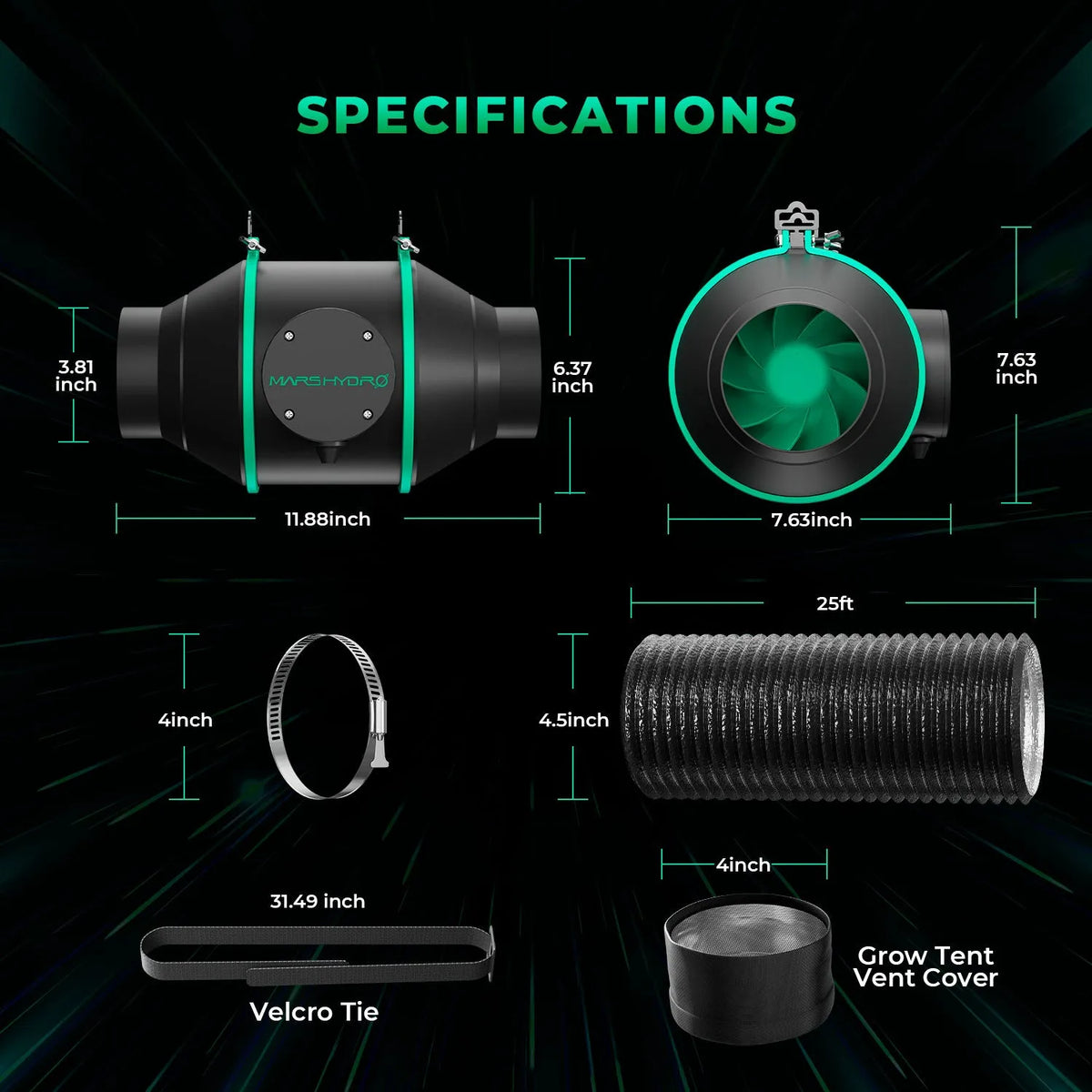Mars Hydro TS1000-B smart grow tent kit with 4 inch ventilation system, showing inline duct and fan dimensions on dark graphic