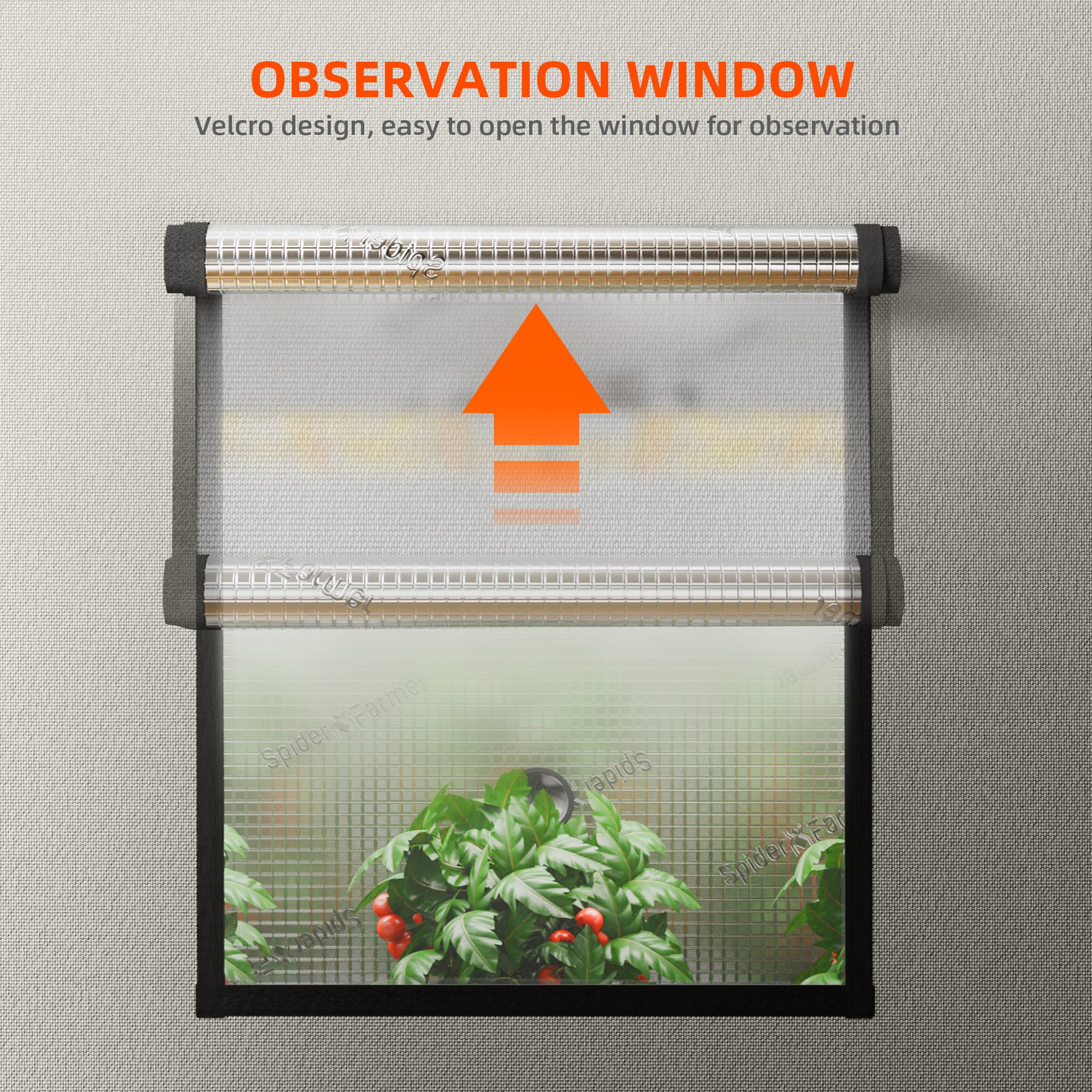 Sichtfenster: Integriertes Beobachtungsfenster des Spider Farmer Zelts zur Kontrolle der Pflanzen ohne Lichtverlust.