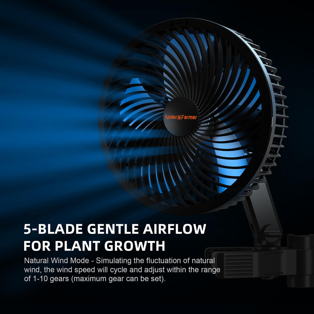 5-blade Spider Farmer fan providing gentle airflow for plant growth — simulating natural wind with adjustable speed settings.