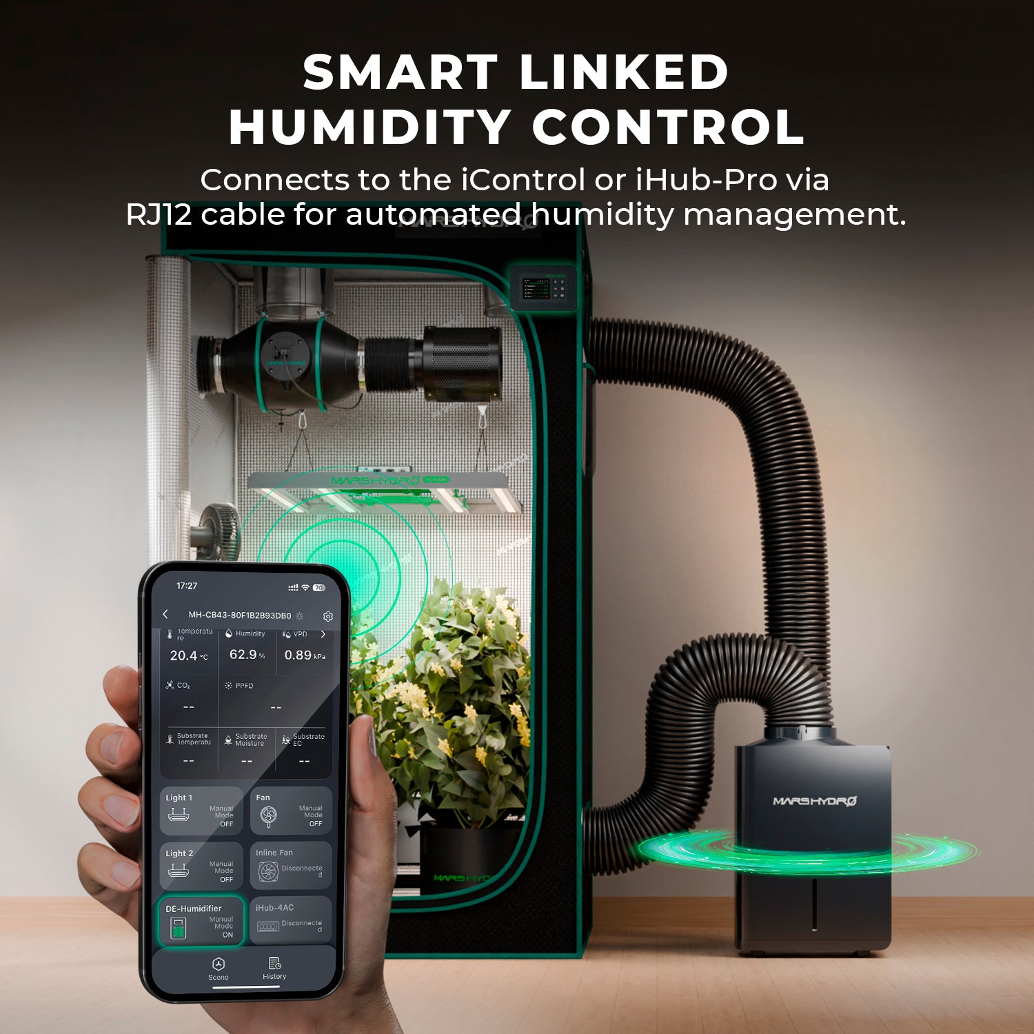 Digitales LED-Bedienfeld zur präzisen Einstellung der Zielluftfeuchtigkeit – Mars Hydro Steuerung für stabiles Klima in jeder Wachstumsphase.