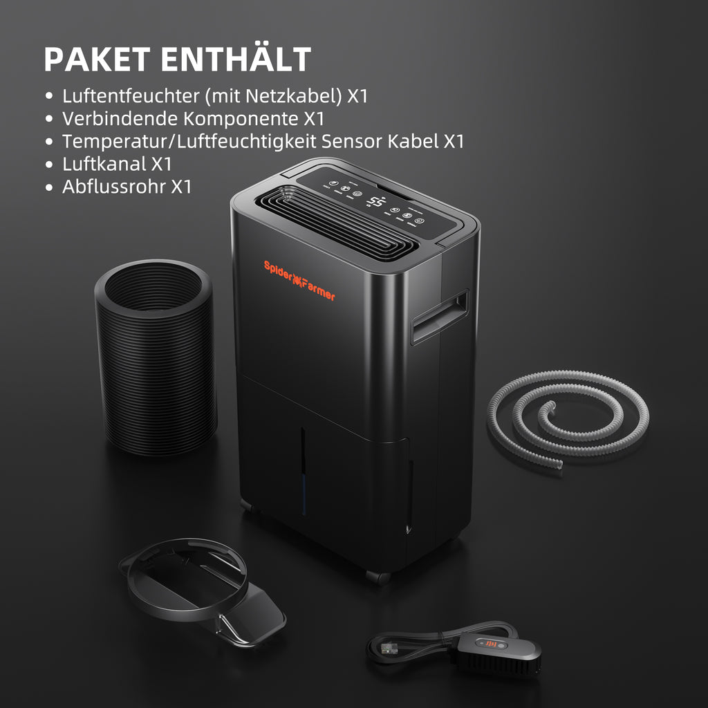 Vollständiges Spider Farmer 32-Pint Luftentfeuchter-Set: Inklusive Kompressor-Einheit, RJ12-Datenkabel für GGS-Integration, Drainageschlauch und Benutzerhandbuch – Alles für eine smarte Klimakontrolle im Growroom.