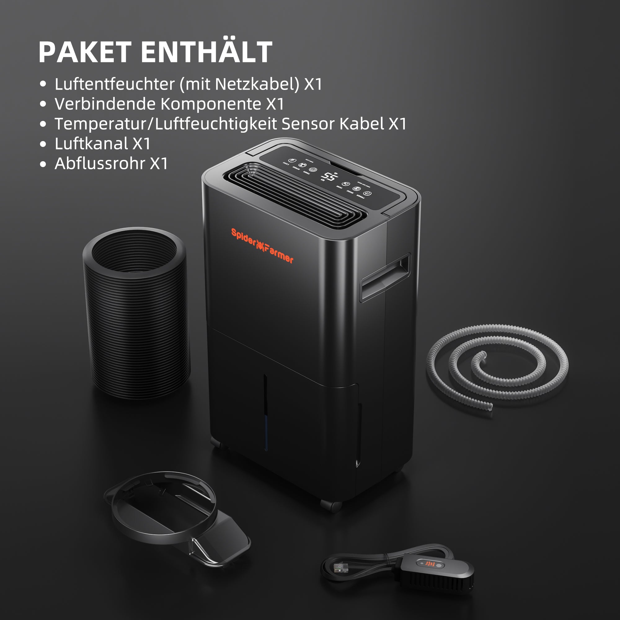 Vollständiges Spider Farmer 32-Pint Luftentfeuchter-Set: Inklusive Kompressor-Einheit, RJ12-Datenkabel für GGS-Integration, Drainageschlauch und Benutzerhandbuch – Alles für eine smarte Klimakontrolle im Growroom.