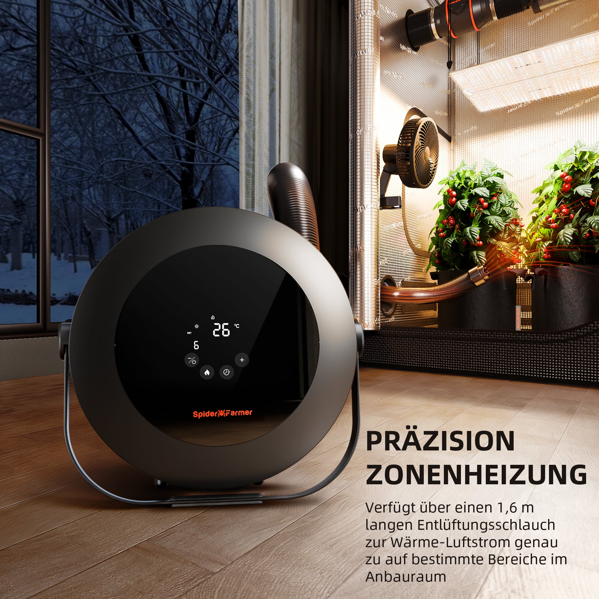 Flexibler 160 cm Luftschlauch des Spider Farmer Heizers – Ermöglicht eine gleichmäßige Wärmeverteilung im Zelt ohne direkten, austrocknenden Luftstrom auf die Pflanzen.