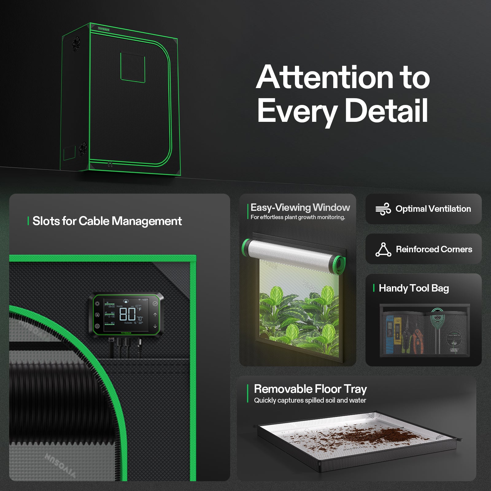 Vivosun grow box in black 600D Oxford fabric, 150x80x200cm size